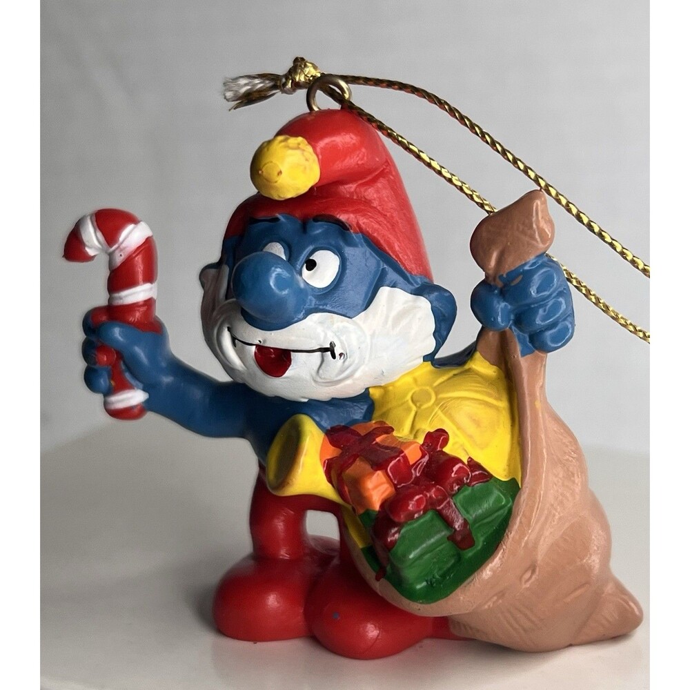 Vintage 1981 Schleich Papa Smurf Santa Ornament Candy Cane Gift Sack Portugal